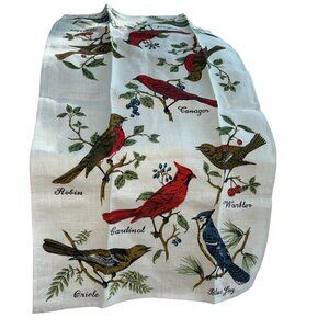 Vintage LINEN NEW red green BIRDS titles print one tea dish towel